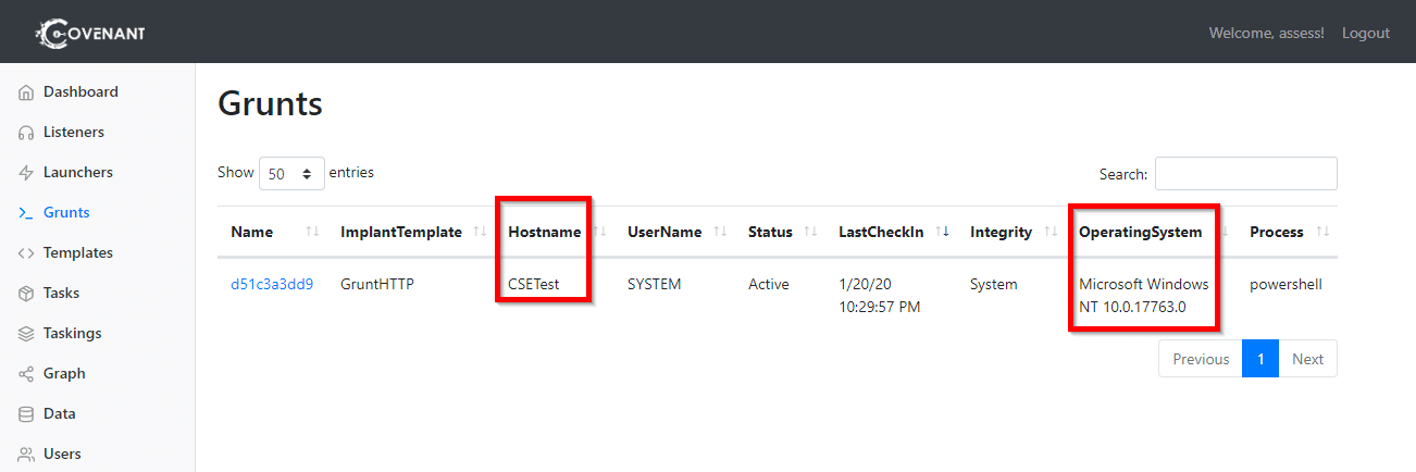 A new Grunt has successfully connected to Covenant