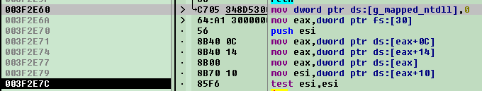 Code responsible for obtaining ntdll.dll address via PEB