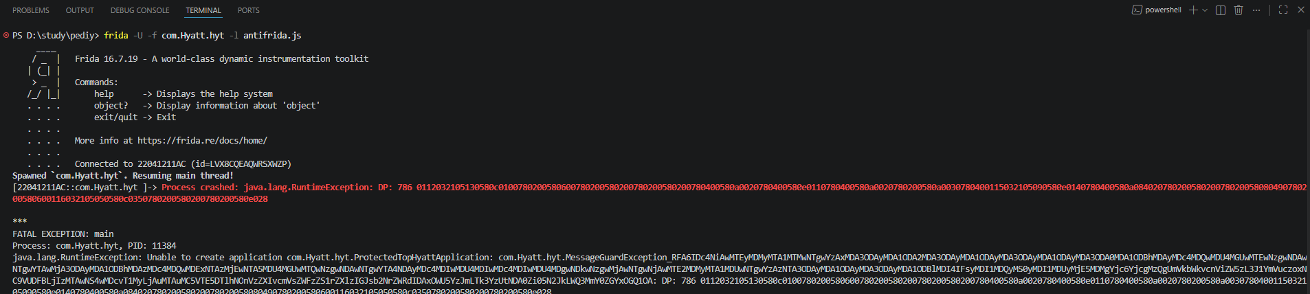 spawn 模式下注入近乎空白的 antifrida.js，App 在 resume 后立刻抛出 java.lang.RuntimeException: DP: 786，FATAL EXCEPTION 显示是 MessageGuardException