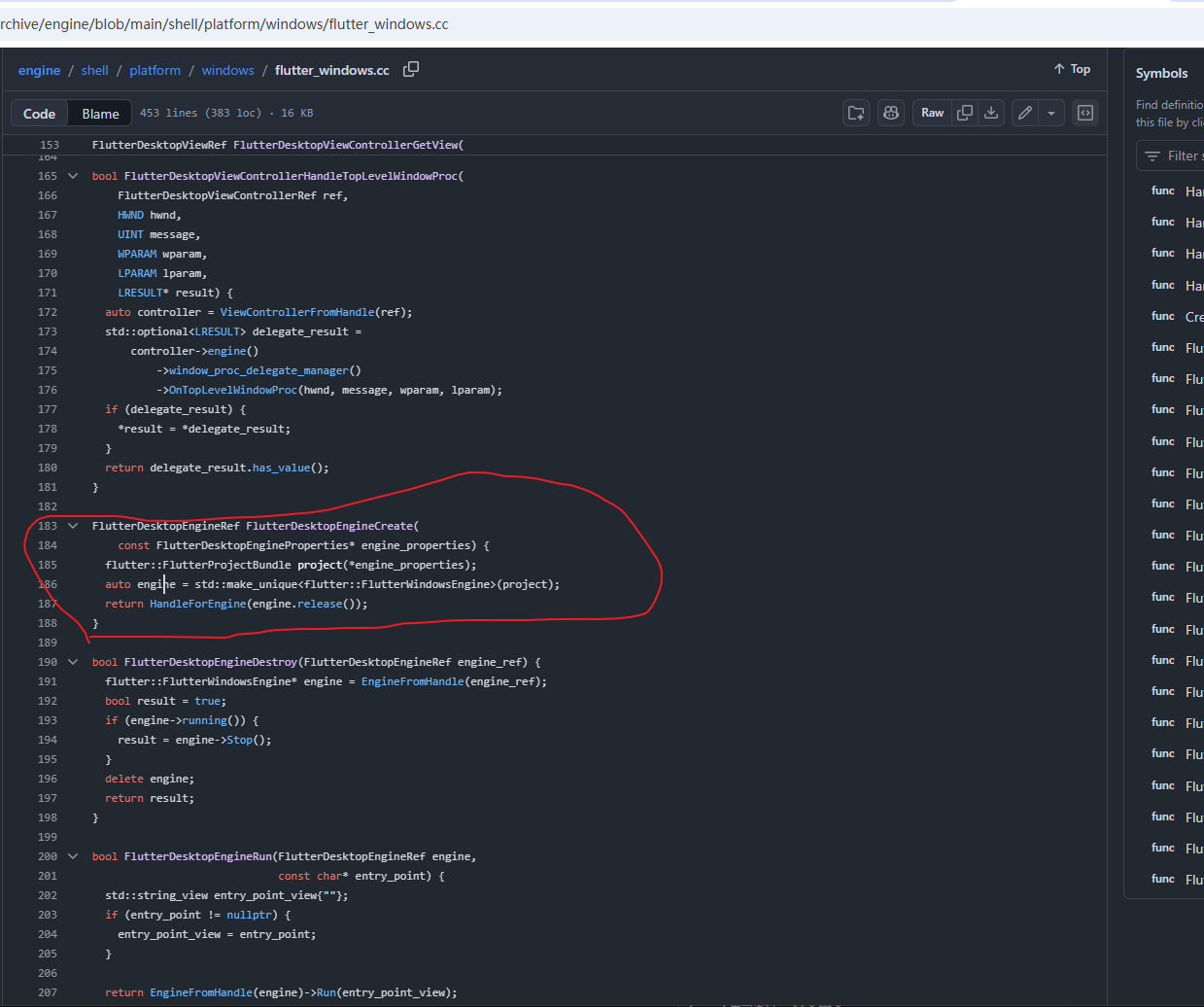 图 6　FlutterDesktopEngineCreate：用 props 构造真正的 Windows Engine