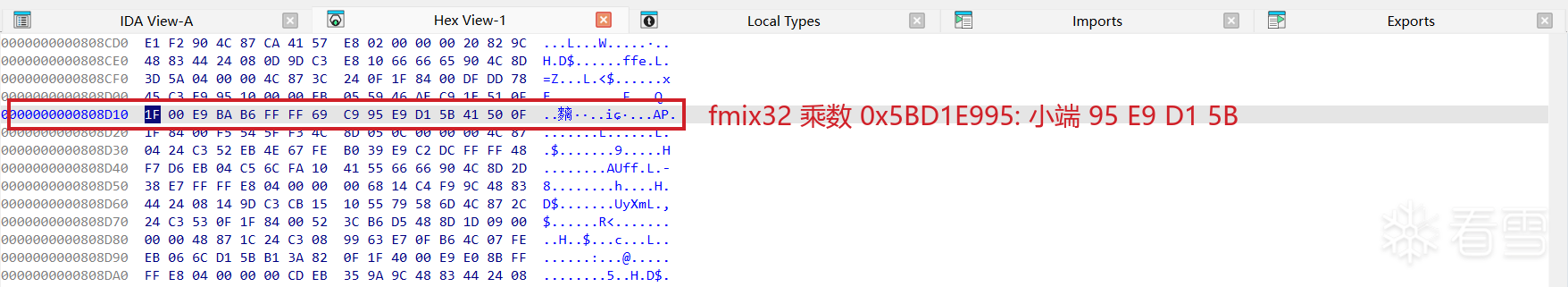 fmix32 的乘数常量 0x5BD1E995 在 .data 的 x64 blob 里