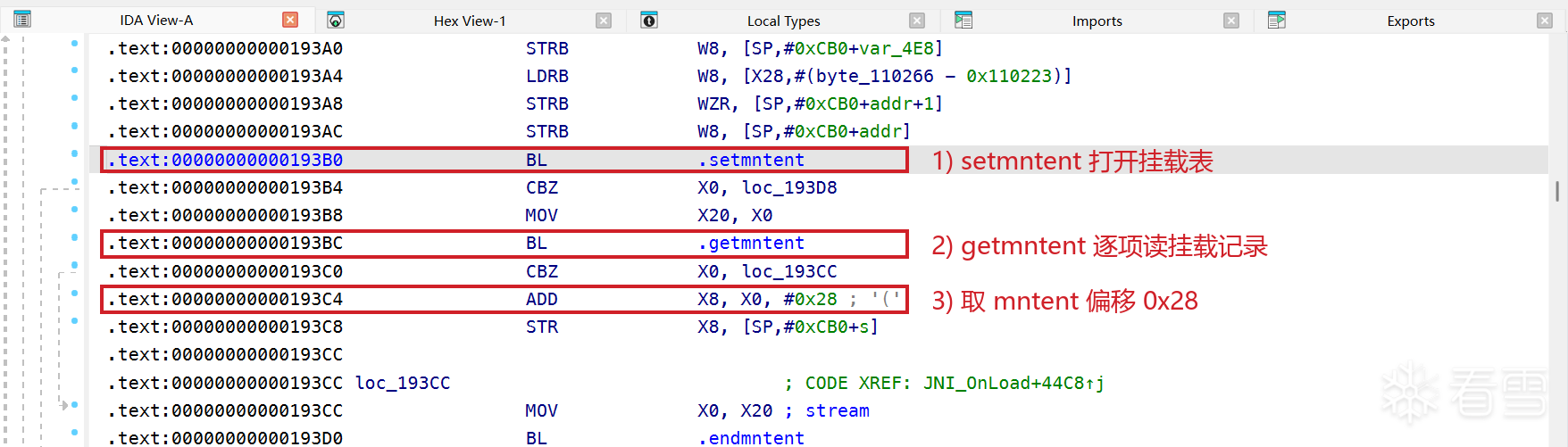 挂载表扫描就在 JNI_OnLoad 里:setmntent 打开挂载表 → getmntent 逐项读挂载记录 → 取 mntent 偏移 0x28，结果 write 进 pipe 交另一进程判定