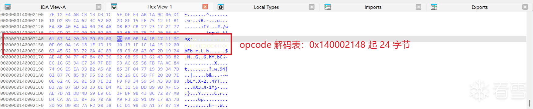 opcode 解码表 byte_140002148 的 Hex View