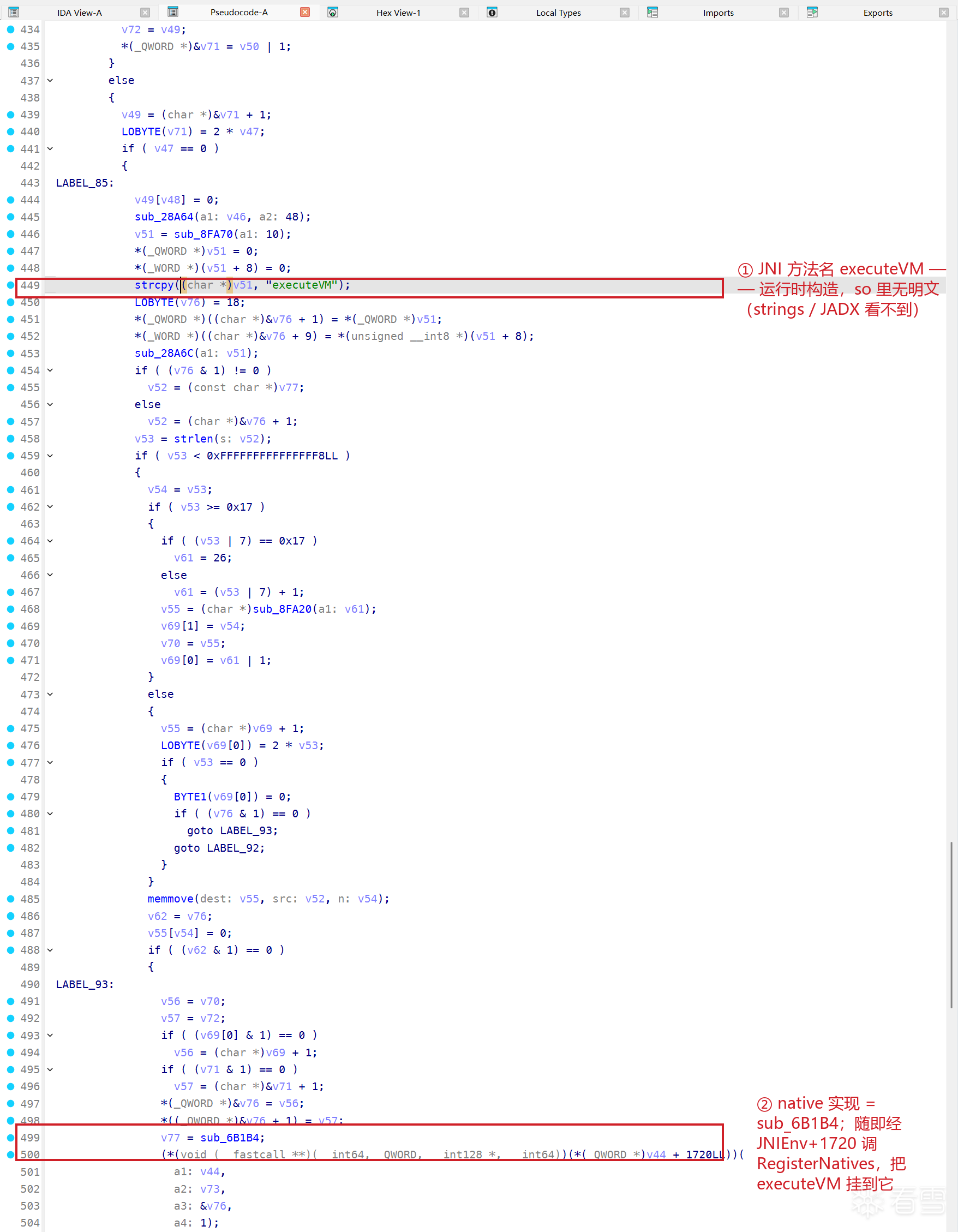 JNI_OnLoad 运行时 RegisterNatives 绑定 executeVM，方法名与签名均由 XOR 表在运行时解码（本样本 native 实现为 sub_6B1B4）